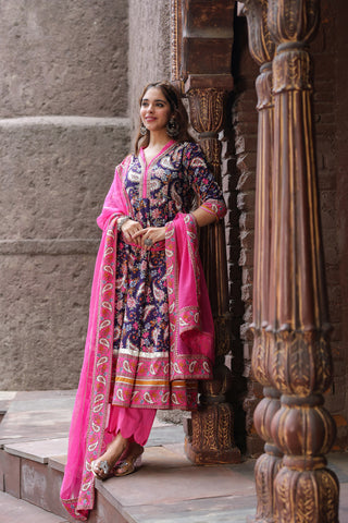 Ethnic Motifs Printed Pure Cotton Anarkali Kurta & Trouser & Dupatta