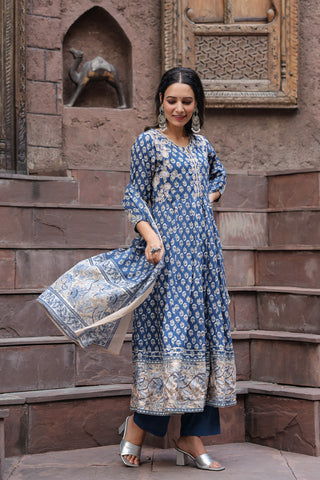 Women Ethnic Motifs Printed Regular Sequinned Pure Cotton Kurta with Trousers & With Dupatta