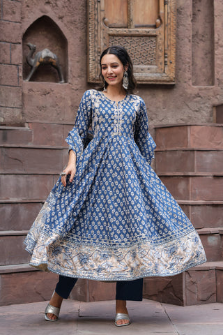 Women Ethnic Motifs Printed Regular Sequinned Pure Cotton Kurta with Trousers & With Dupatta