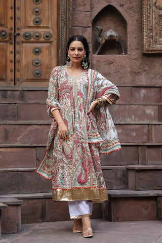 Paisley Printed Gota Patti Pure Cotton Kurta with Trousers & Dupatta