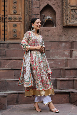 Paisley Printed Gota Patti Pure Cotton Kurta with Trousers & Dupatta