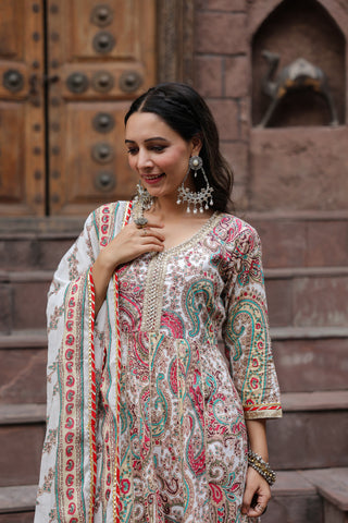 Paisley Printed Gota Patti Pure Cotton Kurta with Trousers & Dupatta