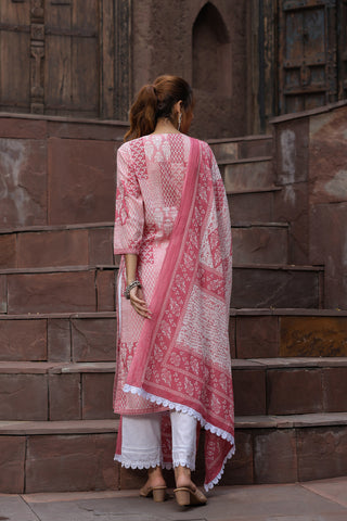 Women Peach-Coloured Ethnic Motifs Printed Sequinned Pure Cotton Kurta with Trousers