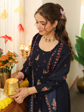 Blue Embroidered Poly Silk Straight Kurta Set