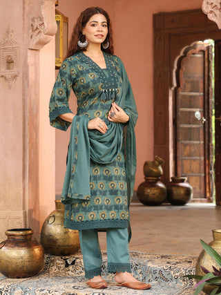 Teal Floral Print 3-Piece Straight Kurta Set
