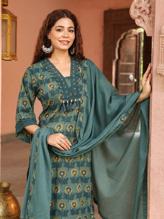 Teal Floral Print 3-Piece Straight Kurta Set