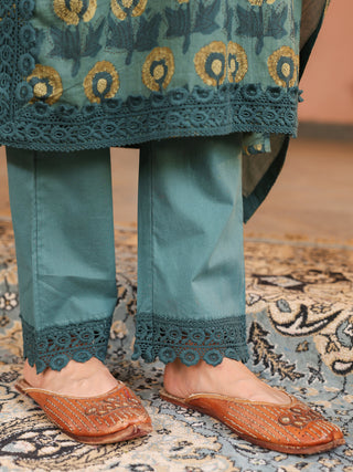 Teal Floral Print 3-Piece Straight Kurta Set
