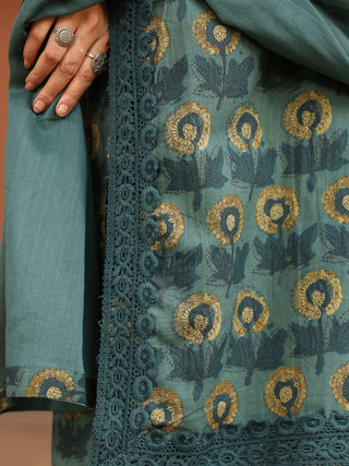 Teal Floral Print 3-Piece Straight Kurta Set