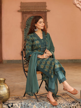 Teal Floral Print 3-Piece Straight Kurta Set