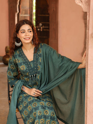 Teal Floral Print 3-Piece Straight Kurta Set