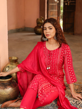 Pink Floral Embroidered Lace 3-Piece Straight Kurta Set