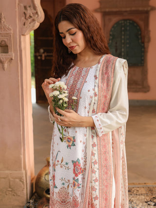 Peach Floral Print 3-Piece Straight Kurta Set