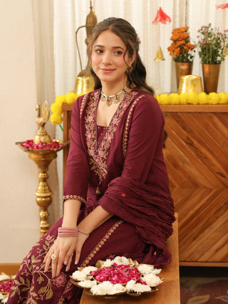 Wine Floral Embroidered Cotton Straight Kurta Set