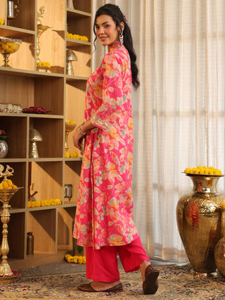 Fuchsia Pink Floral Print A-Line Kurta Set with Pocket