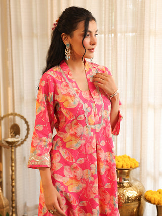 Fuchsia Pink Floral Print A-Line Kurta Set with Pocket