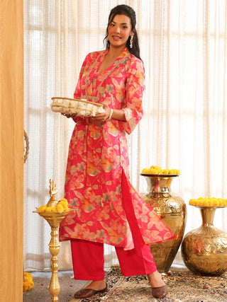 Fuchsia Pink Floral Print A-Line Kurta Set with Pocket