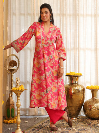 Fuchsia Pink Floral Print A-Line Kurta Set with Pocket