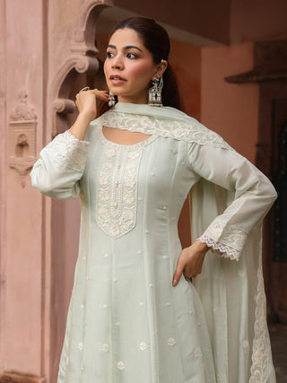 Mint Green Embroidered Lace 3-Piece Anarkali Kurta Set