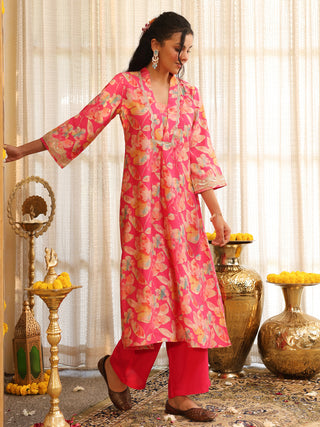 Fuchsia Pink Floral Print A-Line Kurta Set with Pocket