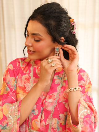 Fuchsia Pink Floral Print A-Line Kurta Set with Pocket