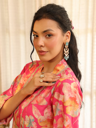 Fuchsia Pink Floral Print A-Line Kurta Set with Pocket