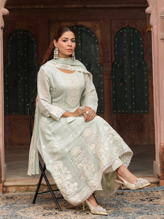 Mint Green Embroidered Lace 3-Piece Anarkali Kurta Set