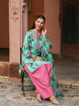 Mint Green Floral Print Straight 3-Piece Kurta Set