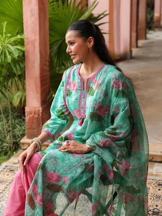 Mint Green Floral Print Straight 3-Piece Kurta Set