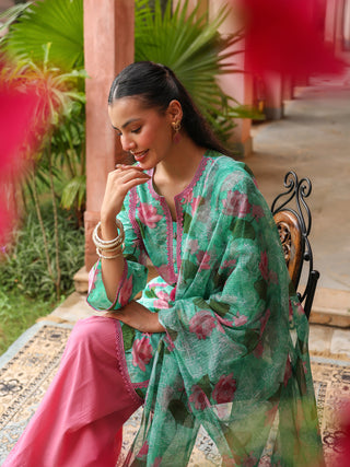 Mint Green Floral Print Straight 3-Piece Kurta Set