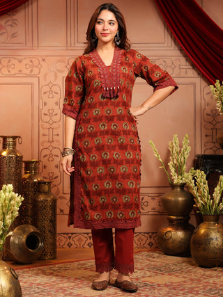 Rust Floral Print 3-Piece Straight Kurta Set