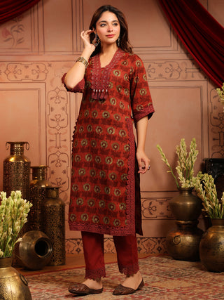 Rust Floral Print 3-Piece Straight Kurta Set