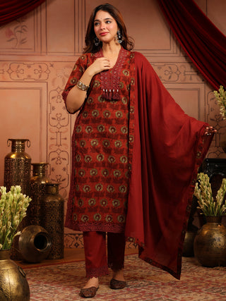 Rust Floral Print 3-Piece Straight Kurta Set