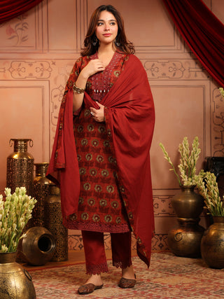 Rust Floral Print 3-Piece Straight Kurta Set
