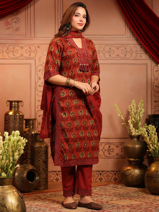 Rust Floral Print 3-Piece Straight Kurta Set
