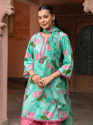 Mint Green Floral Print Straight 3-Piece Kurta Set