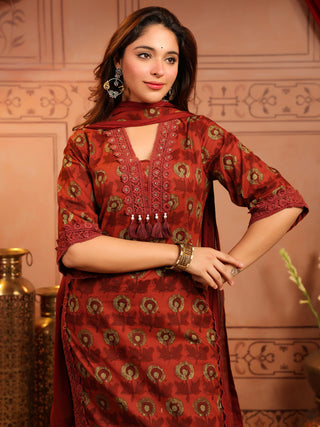 Rust Floral Print 3-Piece Straight Kurta Set