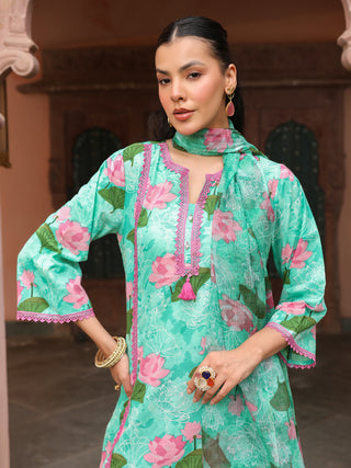 Mint Green Floral Print Straight 3-Piece Kurta Set