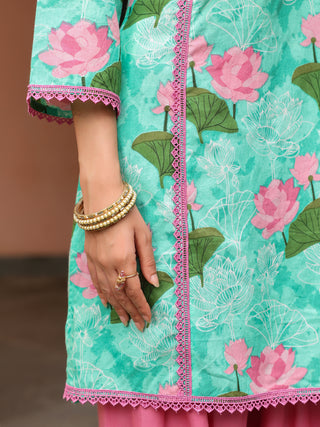 Mint Green Floral Print Straight 3-Piece Kurta Set