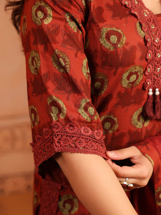 Rust Floral Print 3-Piece Straight Kurta Set