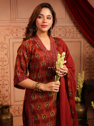 Rust Floral Print 3-Piece Straight Kurta Set
