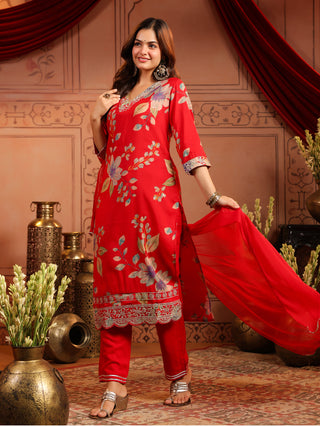 Women Ethnic Motifs Printed Regular Thread Work Kurta with Trousers & With Dupatta