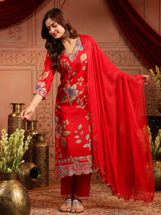 Women Ethnic Motifs Printed Regular Thread Work Kurta with Trousers & With Dupatta