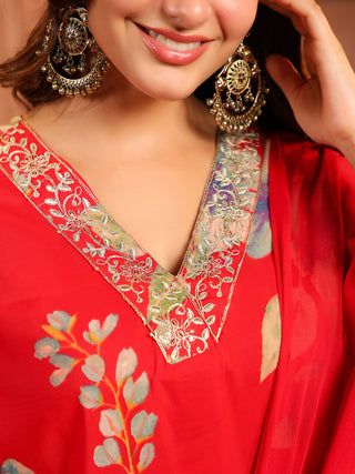 Women Ethnic Motifs Printed Regular Thread Work Kurta with Trousers & With Dupatta