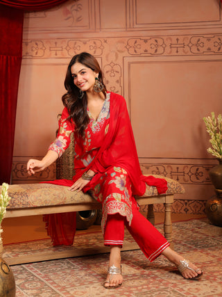 Women Ethnic Motifs Printed Regular Thread Work Kurta with Trousers & With Dupatta