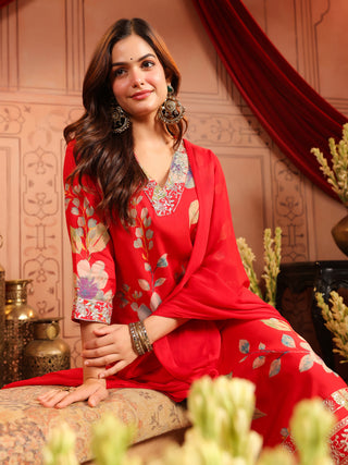 Women Ethnic Motifs Printed Regular Thread Work Kurta with Trousers & With Dupatta
