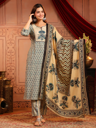 Women Ethnic Motifs Printed Regular Pure Cotton Kurta with Trousers & With Dupatta