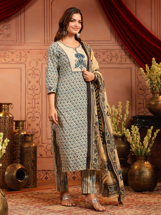 Women Ethnic Motifs Printed Regular Pure Cotton Kurta with Trousers & With Dupatta