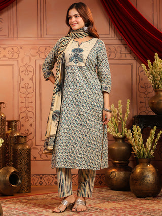Women Ethnic Motifs Printed Regular Pure Cotton Kurta with Trousers & With Dupatta
