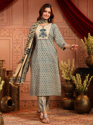 Women Ethnic Motifs Printed Regular Pure Cotton Kurta with Trousers & With Dupatta