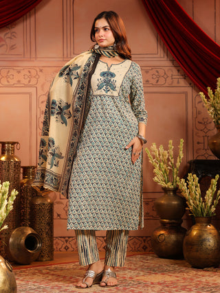 Women Ethnic Motifs Printed Regular Pure Cotton Kurta with Trousers & With Dupatta